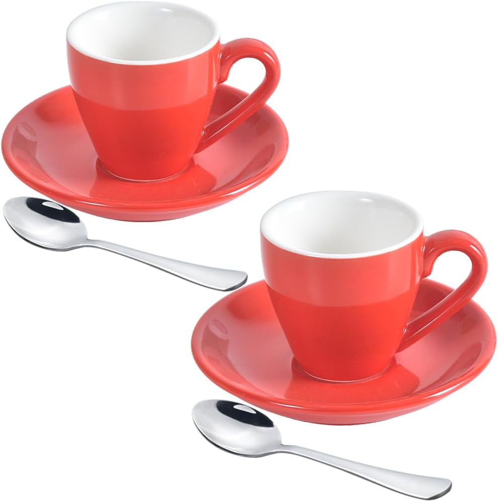 Porcelain Espresso Cup with Saucer And Stainless Steel mini Spoons, Espresso shot Cup, 80ml/2.7Oz, Pack of 2, Red