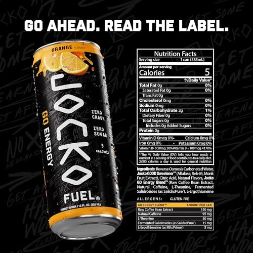 Jocko Fuel GO Energy Drinks, Afterburner Orange, 12 oz | 12 Pack | 95mg Clean, No Crash Natural Caffeine | No Sugar, Jitter Free | L-Theanine &amp; Adaptogens Lift Mood, Focus &amp; Endurance