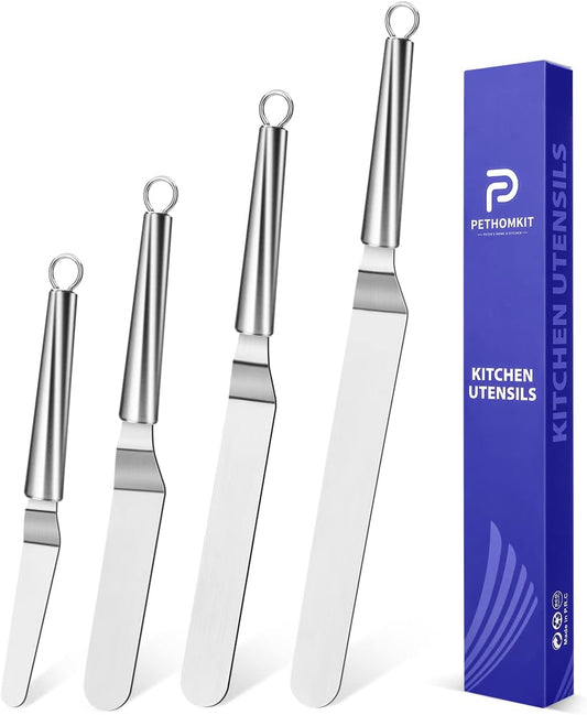Offset Icing Spatula, Cake Angled Spatula Set with 4, 6, 8 & 10 Inch Blades, Stainless Steel Handle Suitable for Home,