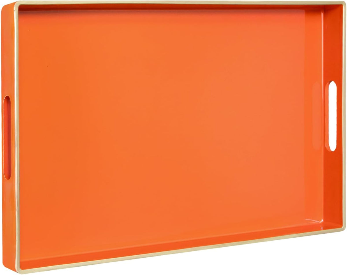 MAONAME Orange Decorative Tray for Coffee Table, Serving Tray with Handles | Plastic Melamine Tray, Modern Ottoman Tray, Rectangular Countertop Organizer Tray for Living Room, 15.8"L x 10.2"W x 1.4"H