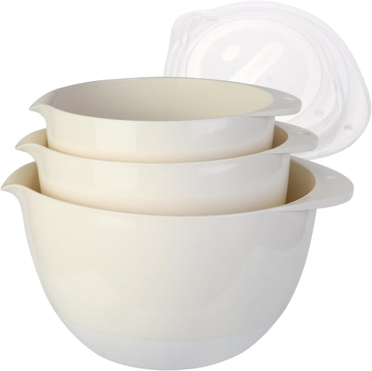 3 Plastic Mixing Bowls with Pour Spout,Lids and TPR Non-Slip Bottom,3Qt,2Qt,1.5Qt,Nesting Bowl Set for Kitchen