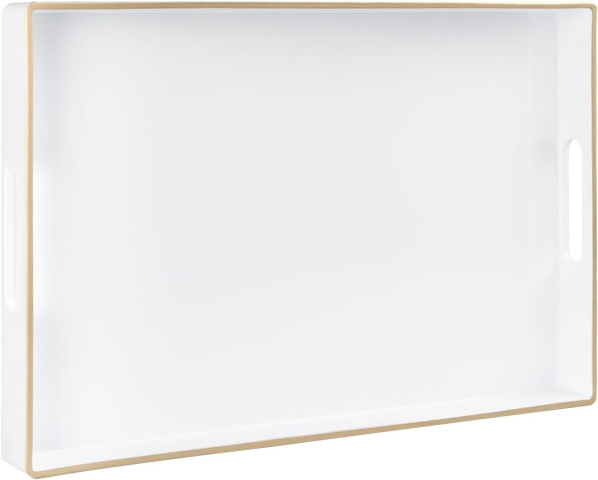 MAONAME White Decorative Tray for Coffee Table, Modern Serving Tray with Handles, Plastic Rectangular Tea Tray for Ottoman, Bathroom Decor, 15.8” X 10.2” x1.4