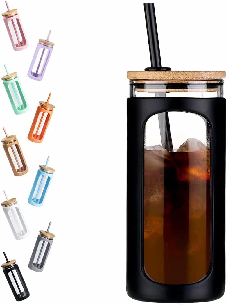Kodrine 20oz Glass Water Tumbler with Straw and Lid, Bamboo Lids Water Bottle, Iced Coffee Cup Reusable, Wide Mouth Smoothie Cups with Protective Silicone Sleeve BPA FREE-Black