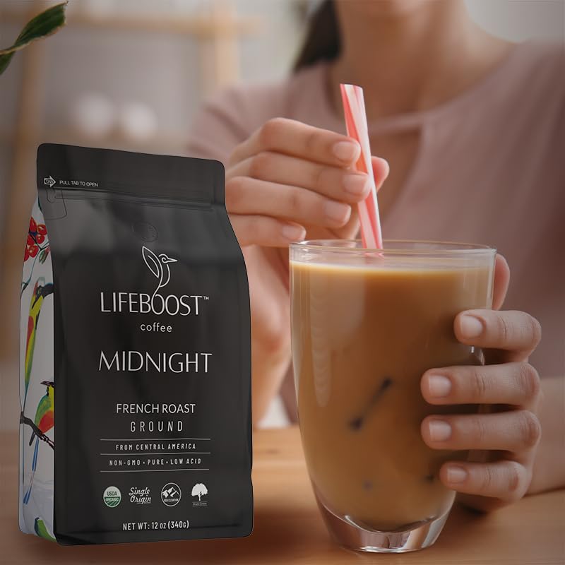 Lifeboost Midnight French Roast Coffee Ground - Non-GMO Single Origin USDA Organic Low Acid Coffee French Roast - Third Party Tested For Mycotoxins &amp; Pesticides - 12 Ounces