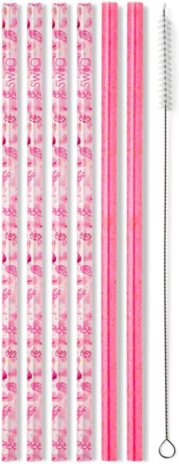 Swig Life Reusable Straws Let's Go Girls + Pink Glitter Tall Straw Set & Cleaning Brush, Each Straw is 10.25 inch Long (Fits
