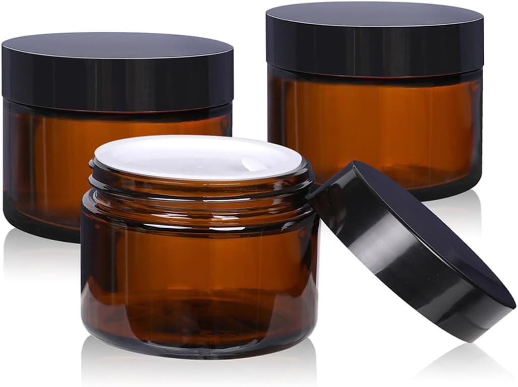 1 ozGlass Cosmetic Jars With Lids 3pcs Small Makeup Containers(1 OZ, Amber)