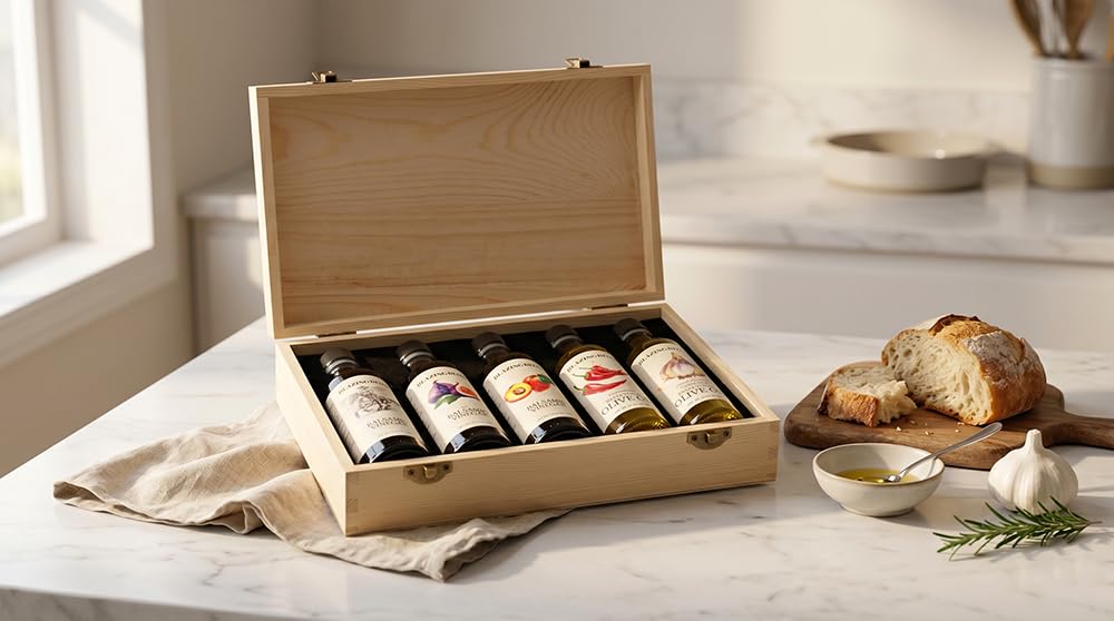 Blazing Bella Foodie Combo – Balsamic Vinegar and Olive Oil Sampler Set – White, Fig &amp; Peach Balsamic with Garlic and Smoky Jalapeño Olive Oils – Modena, Italy &amp; California – 100ml Bottles