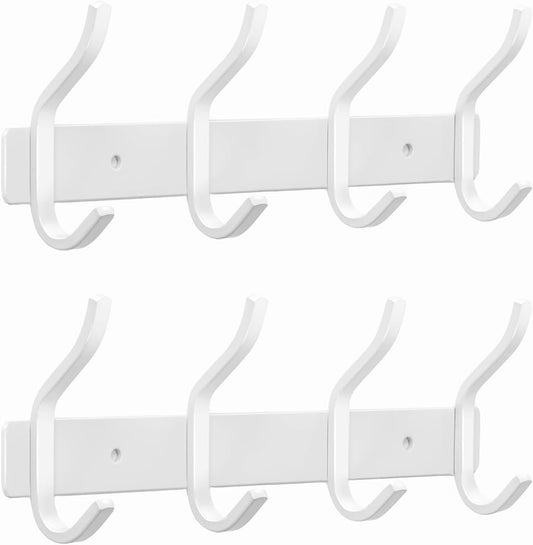 White Wall Hooks Heavy Duty, 12 Inch Coat Hooks Wall Mount with 4 Hooks, 2 Packs Wall Hooks Hangers for Entryway, Bathroom -