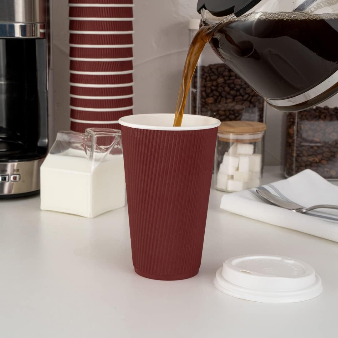 Restaurantware Ripple Wall Coffee Cups 500 Count 16 Ounce Insulated Crimson Paper Cups, Rolled Rim Spill-Resistant Disposable Paper Non-Slip for Coffee, Beverages