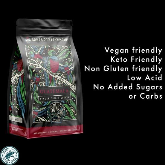 Bones Coffee Company Guatemala Single-Origin, Milk Chocolate, Citrus and Caramel Notes, Ground Coffee Beans, Low Acid Medium Roast Arabica Beans Flavored Coffee, 12 oz Ground