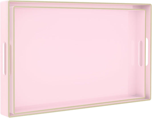 MAONAME Pink Serving Tray Set of 2, Plastic Decorative Trays with Handles, Rectangular Coffee Table Tray for Ottoman,