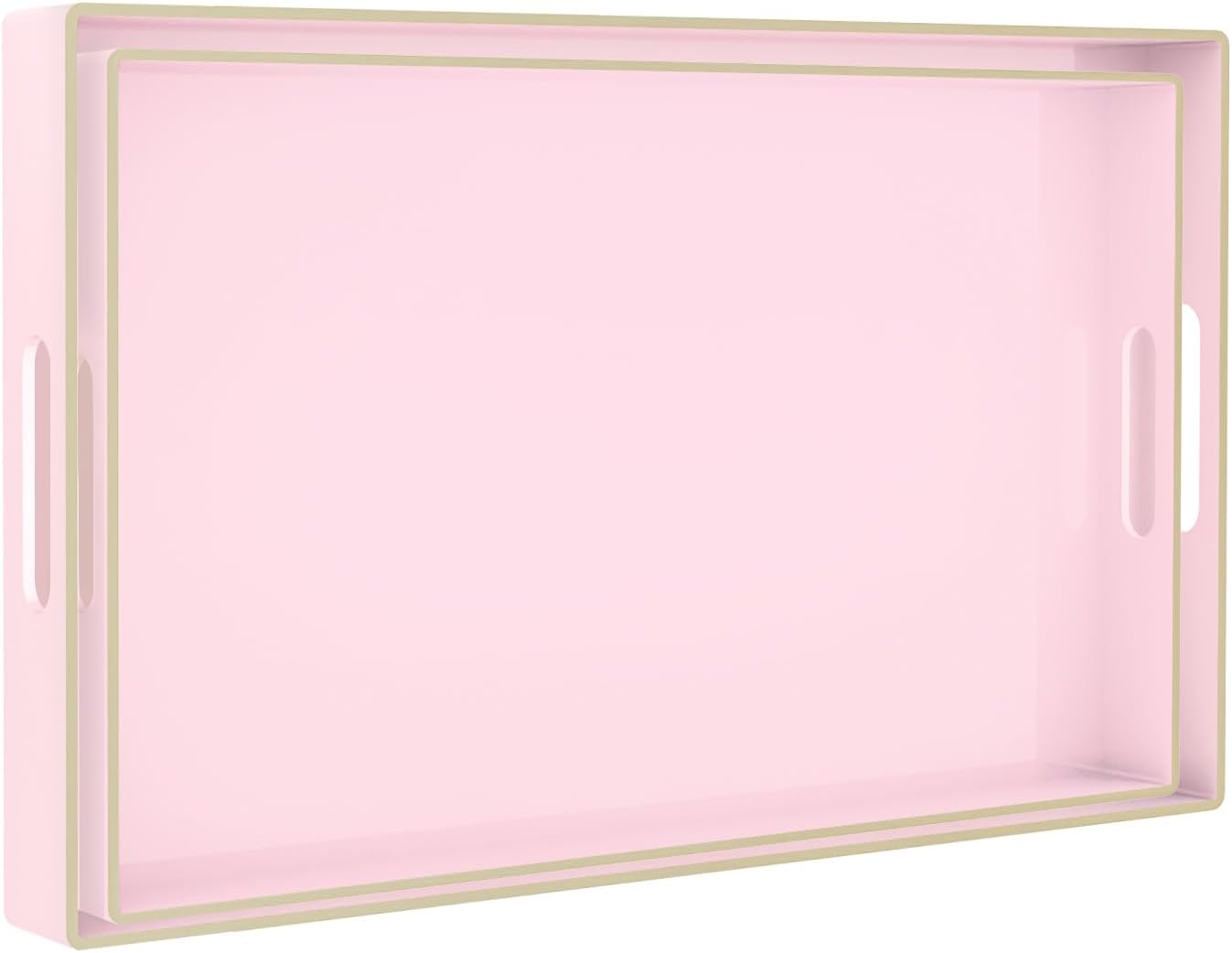 MAONAME Pink Serving Tray with Handles, Plastic Decorative Tray Set of 2 | Pink Decorative Tray for Coffee Table, Modern Ottoman Tray, Rectangle Melamine Tray for Living Room, 15.8"L x 10.2"W x 1.4"H