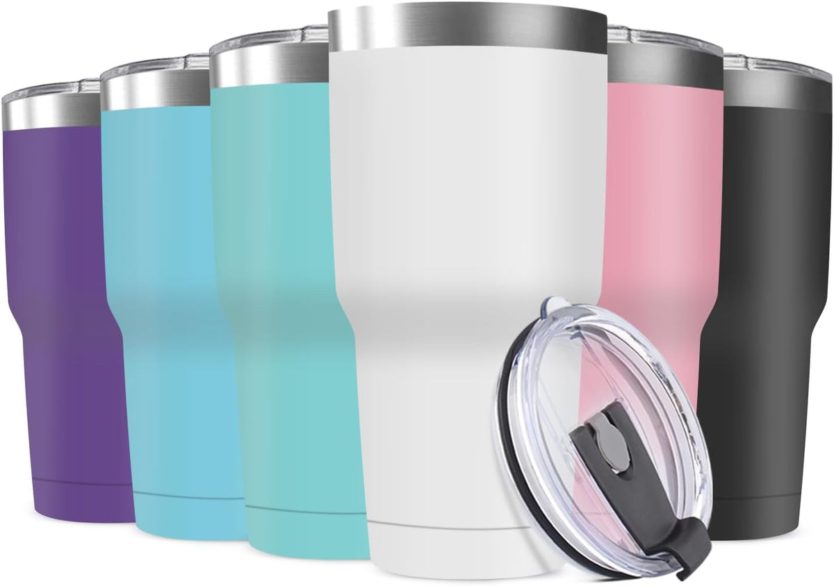 30oz Stainless Steel Travel Mug with Lid, 6 Pack Double Wall Vacuum Insulated Bulk Tumbler, Powder Coated Coffee Cup Suitable for Vehicle Cup Holders(Assorted Colors)
