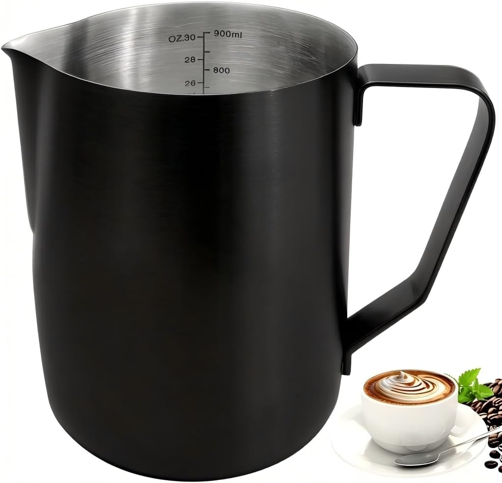 Large Milk Frothing Pitcher 32oz/900ml, Stainless Steel Milk Frother Cup For Home, Office &amp; Kitchen Used-Black