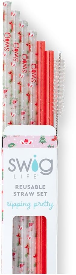Swig Life Reusable Straw Set with Cleaning Brush, Howdy Holidays Straws | Reusable Straw Set - Cleaning Brush Included - 14 Inch Long - Accessories for Cups &amp; Mugs