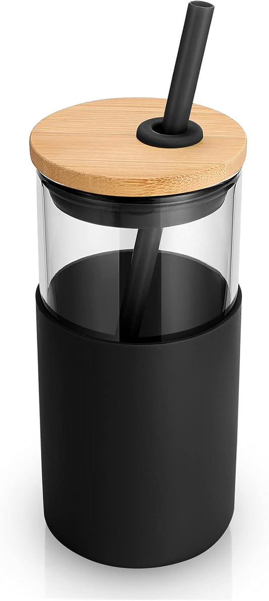 Tronco 16 oz Glass Tumbler with Straw and Bamboo Lid, Iced Coffee Cup Reusable, Smoothie Cups, Tumbler with Silicone