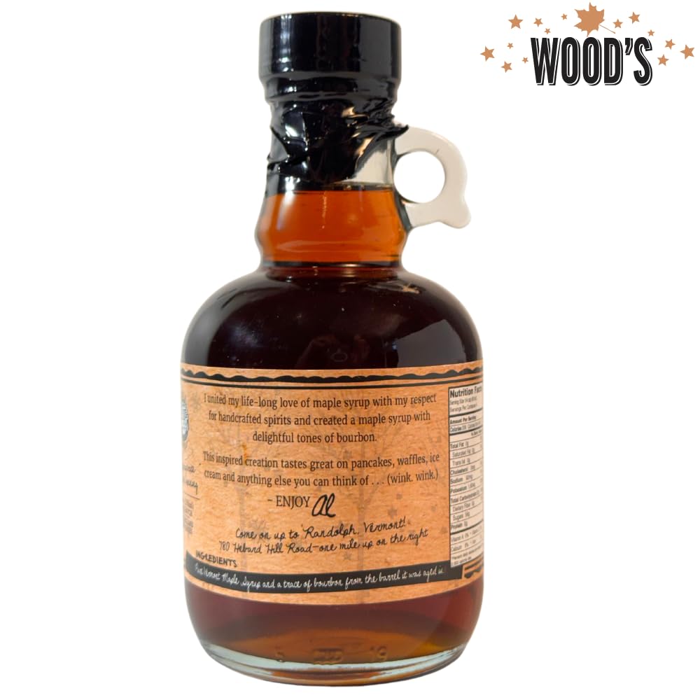 Wood's Vermont Bourbon Barrel Aged Maple Syrup – 100% Pure Grade A Dark Robust Maple Syrup, Small Batch Vermont Made, Oak Barrel Finished, Natural Sweetener for Pancakes, Cocktails, Coffee &amp; Baking, 8.45 oz
