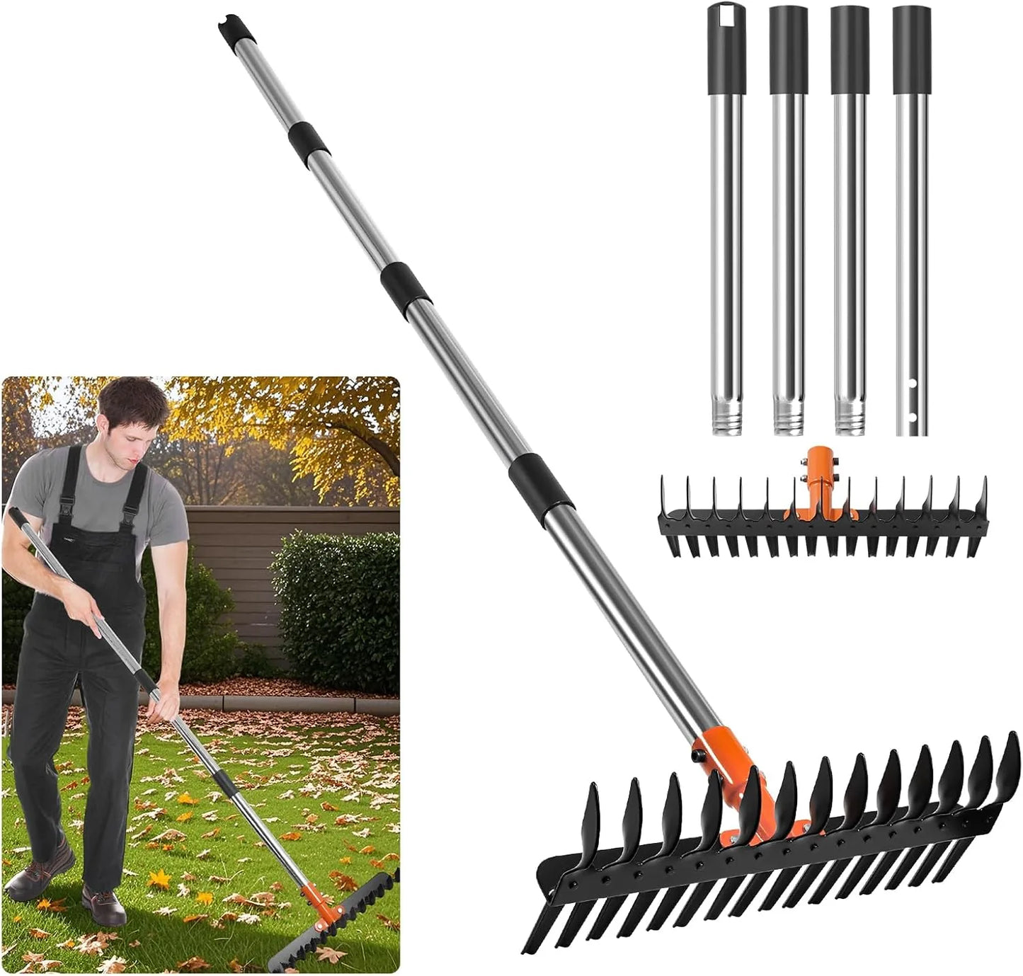 Professional 57-inch thatch rake with steel tines for lawn dethatcher