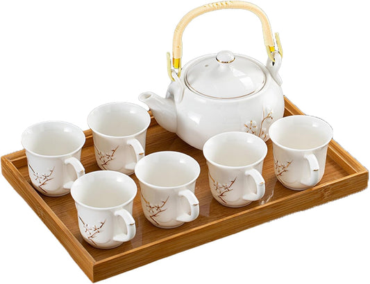 KEYDUACU Japanese Tea Set, White Ceramic Tea Set, Plum Blossom Embossed, Includes 1 Teapot, 6 Anti-scald Teacups,Tea