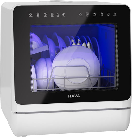 HAVA Countertop Dishwasher with Water Softener &amp; Enhanced Energy Efficiency | Portable Dishwasher with 8 Wash Programs, Child Lock &amp; Delayed Start Function, 5L Built-In Water Tank, No Installation Needed