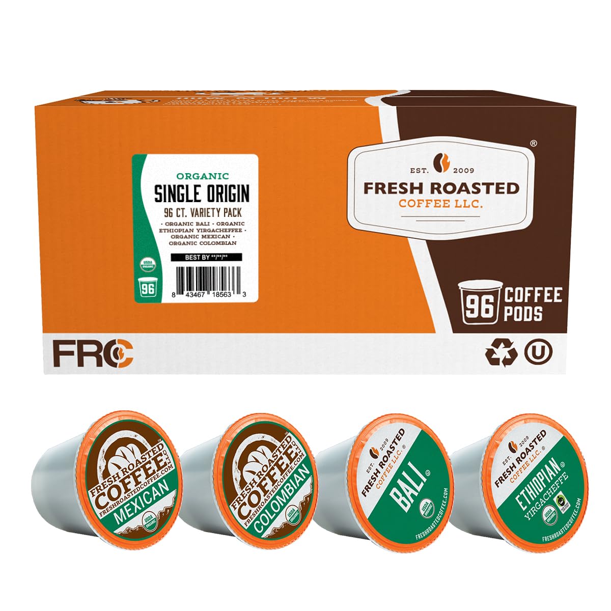 Fresh Roasted Coffee, Organic Single-Origin Variety Pack, USDA Organic, Kosher, K-Cup Compatible, 96 Pods