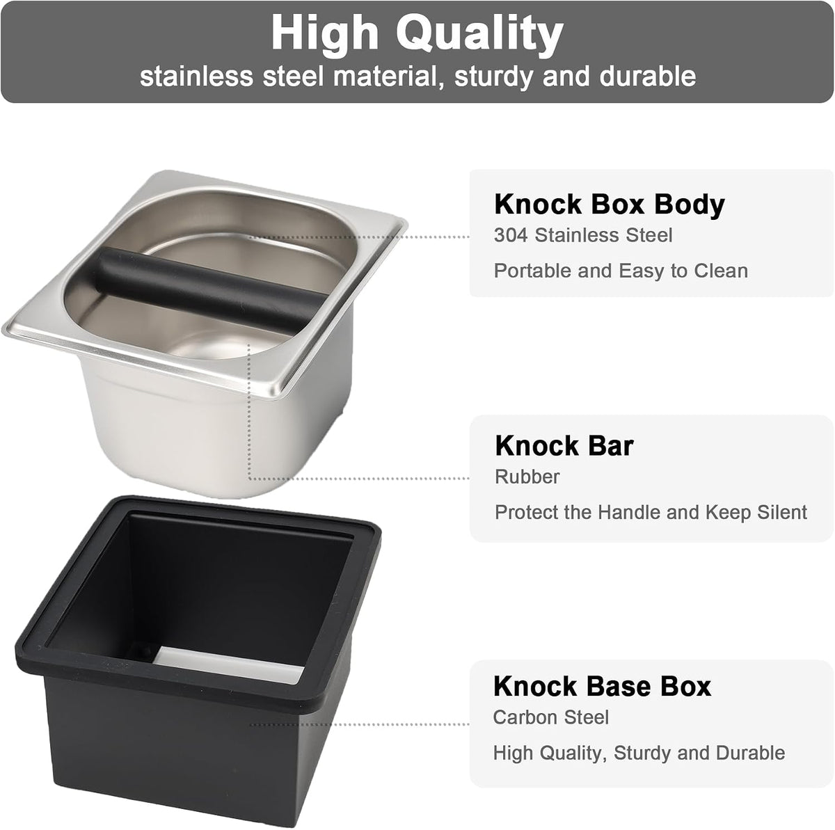 Espresso Knock Box, Coffee Knock Box for Espresso Grounds Disposal, Large Capacity, Equipped with Noise Reduction Rubber Ring &amp; Steel Holder, Ideal Tool for Espresso Machines, Black (Small)
