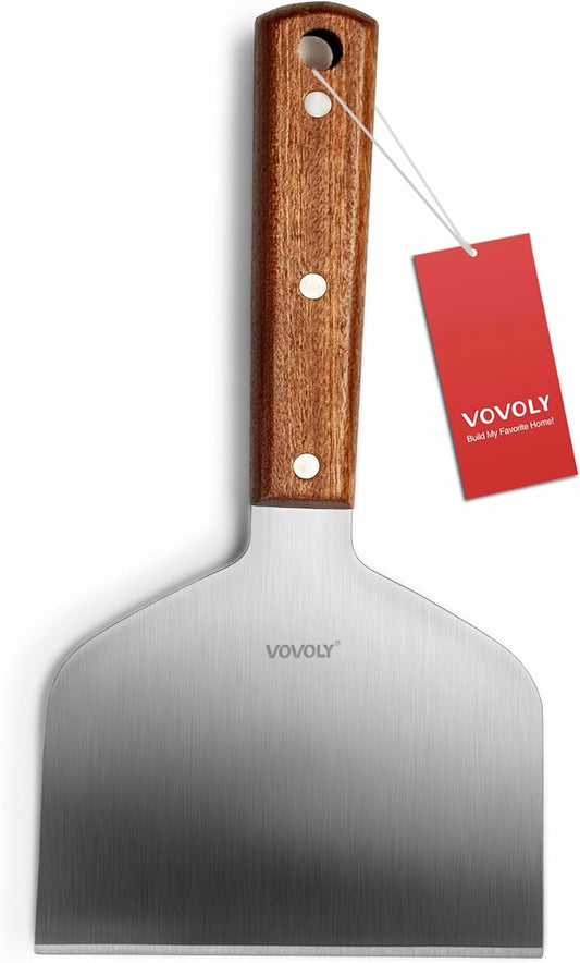 Vovoly Extra Wide Griddle Scraper, 5.5''x5.5'' Smashed Burger Scraper Grill Scraper Spatula Burger Turner - Full Tang Wooden