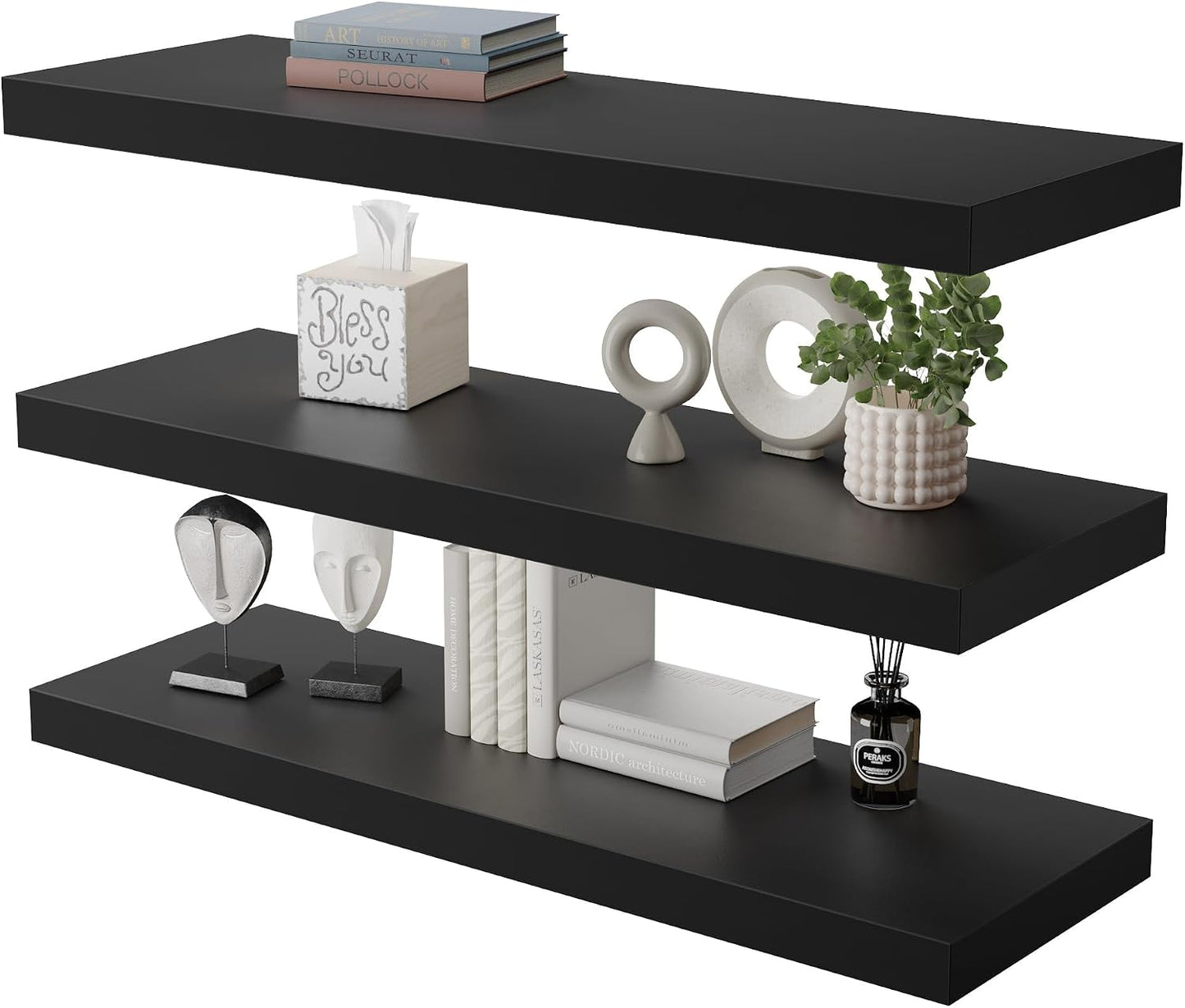Floating Shelf, Set of 3 Wall Shelf, 30 in W x 12.75 in D x 2 in H Wooden Floating Wall Shelf with Invisible Brackets for Living Room/Bedroom/Bathroom/Kitchen Storage and Decor, Black