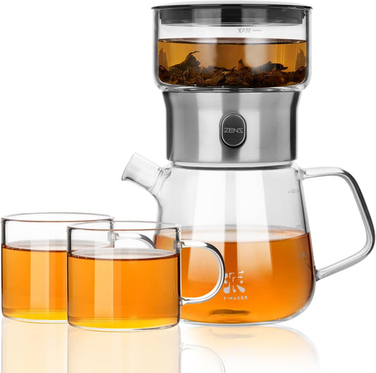 ZENS Modern Glass Tea Infuser Teapot Set, Smart One Touch Tea Maker for Loose Tea Diffusers with 2 Gongfu Cups, Cool