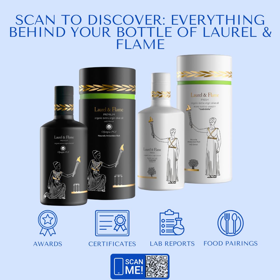 Laurel &amp; Flame Fresh - Extra Virgin Olive Oil - "Best Greek Olive Oil" Award - Cold Pressed - Polyphenol Rich (1,212 MG/KG) - USDA-Organic - 90X Hydroxytyrosol Polyphenols - Early Harvest - Single Origin - Rare Local Olive Variety - 500 ml (16.9 fl oz