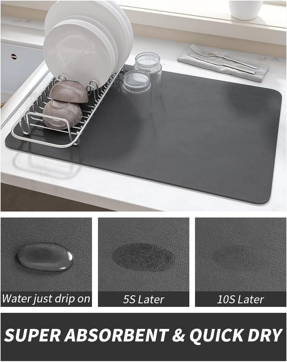 AMOAMI Coffee Mat Dish Drying Mat for Kitchen Counter-Bar Accessories, Hide Stain, Rubber Backed, Absorbent, Fit Under Coffee Maker, Espresso Machine, Pot, Dish Rack, 12"x19", Dark Grey