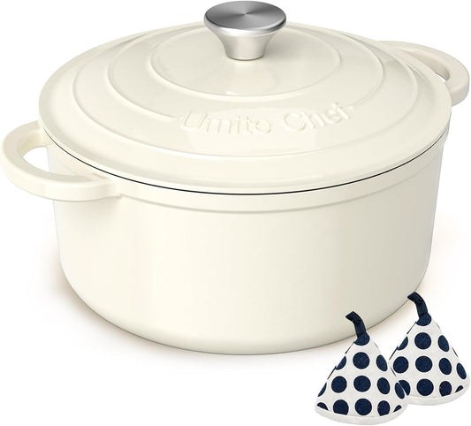 Enameled Cast Iron Dutch Oven - Umite Chef 5QT Pot with Lid & Cotton Potholders - Heavy-Duty Cookware for Bread Baking