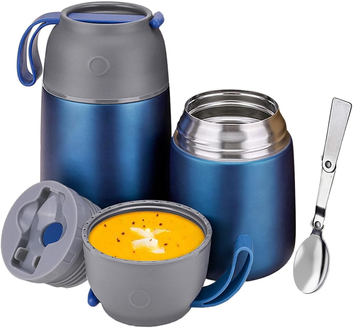 Insulated Thermo Food Jar for Hot &amp; Cold Food for Kids Adult, 17&amp;24 oz Soup Thermal Hot Food Containers for Lunch, Triple Layer Insulation Stainless Steel Food Jar with Spoon (2 Pack Blue)