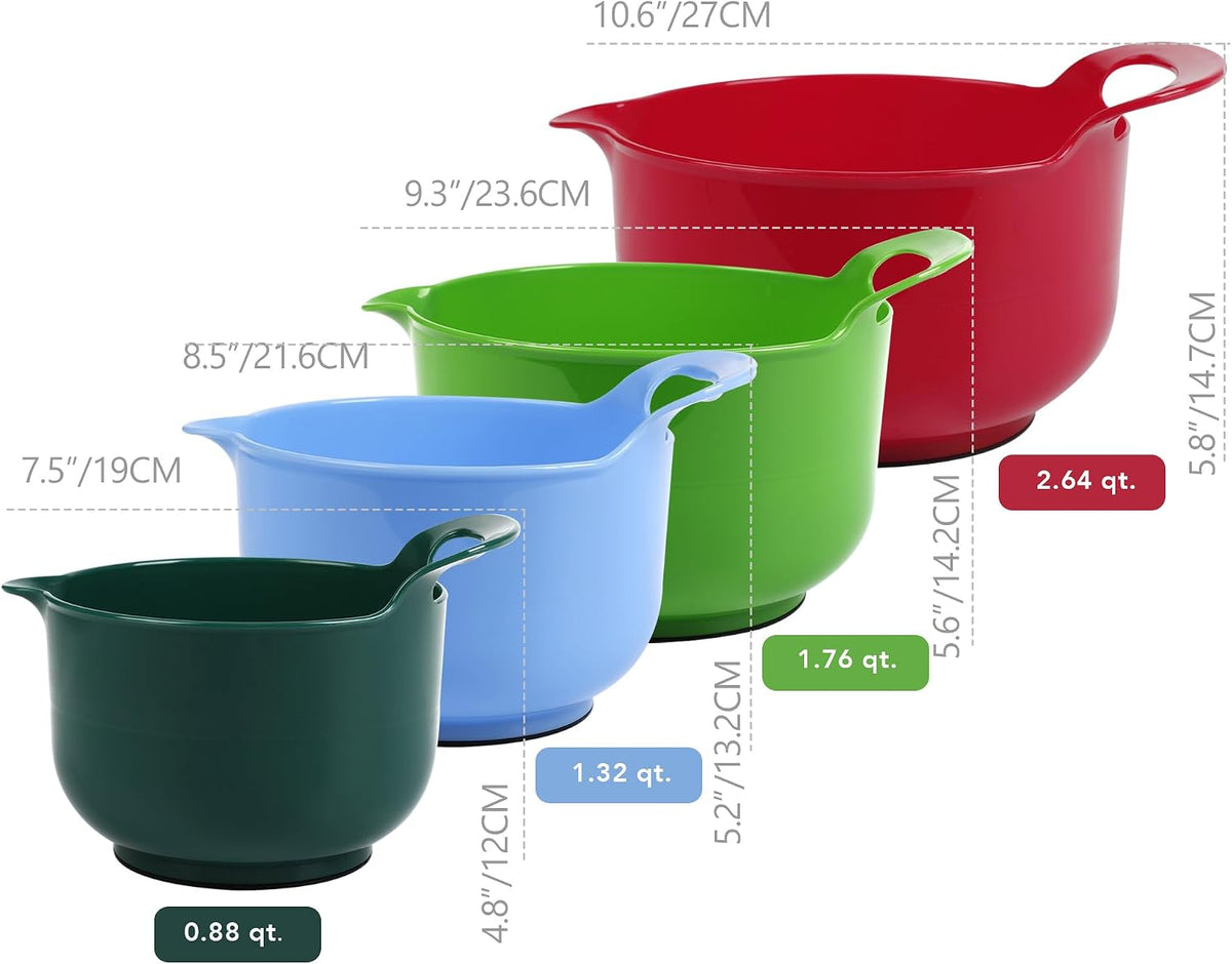 BoxedHome 4 Pack Nesting Mixing Bowl Christmas Set with Pour Spout and Handle, BPA free Microwave &amp; Dishwasher Safe(Christmas colours, 4 Pack with Handle)