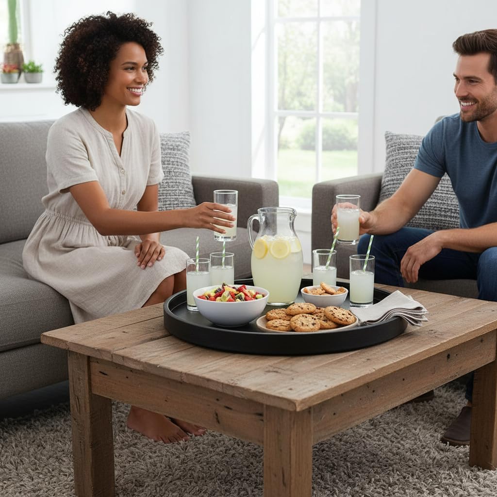 30x30 Inch Round Ottoman Tray - Faux Leather Large Serving Tray for Couch/Coffee Table, Family Dinner, Picnic, Party Decor (30 inch Black)