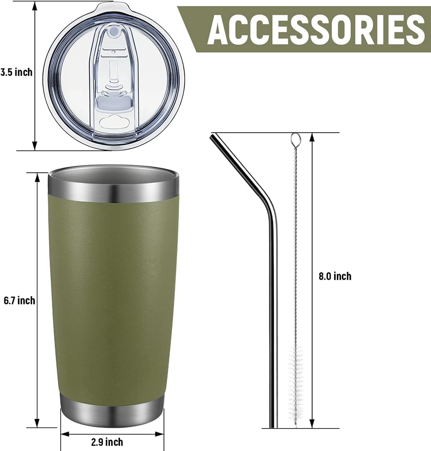 COMOOO 20oz Tumbler Bulk Double Wall Vacuum Insulated Travel Mug, Stainless Steel Tumbler with Lid and Straw Durable Powder Coated Insulated Coffee Cup for Cold &amp; Hot Drinks (Army Green, 4 Pack