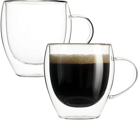 Aurzen 2 Pack Double Walled Glass Coffee Mugs with Handles 8.5oz, Large Insulated Layer Coffee Cups, Clear Borosilicate