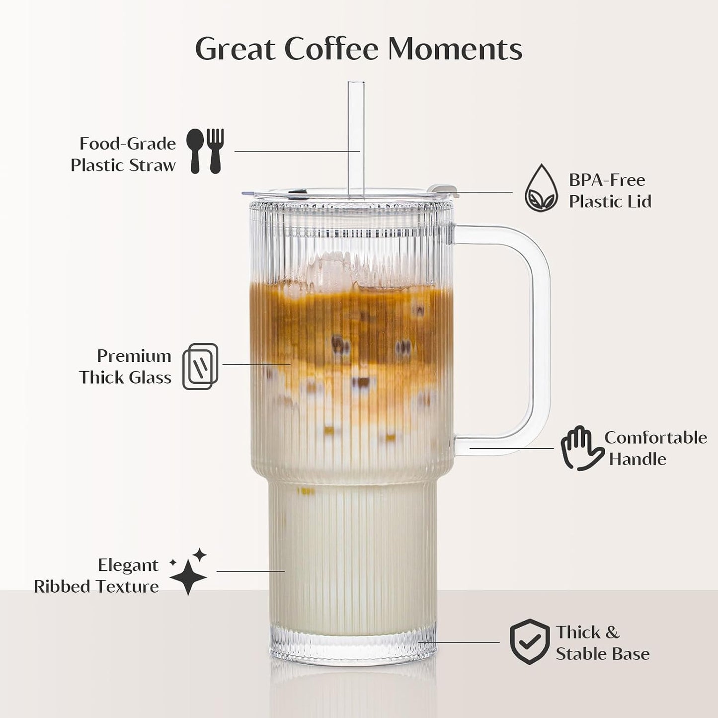 INSETLAN 24 oz Ribbed Glass Tumbler with Handle, 2-Pack Iced Coffee Cups | Modern Glass Cups with Lids and Straws for Cold &amp; Hot Beverages, Aesthetic Travel Cup for Smoothies, Tea, and Juice