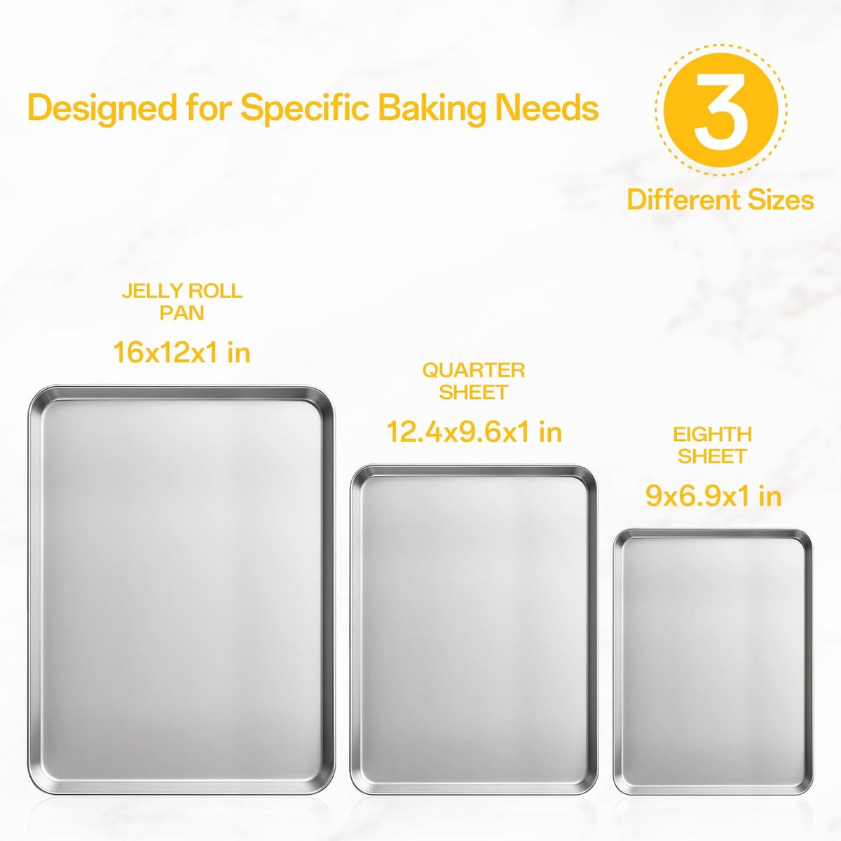 Ohtomber 3 Pack Heavy Duty Stainless Steel Baking Sheet Set, 9/12/16 Inch | Heavy Duty, Cookie Sheet Pans for Baking Roasting Oven Baking, Oven Safe, Sturdy Kitchen Bakeware Trays