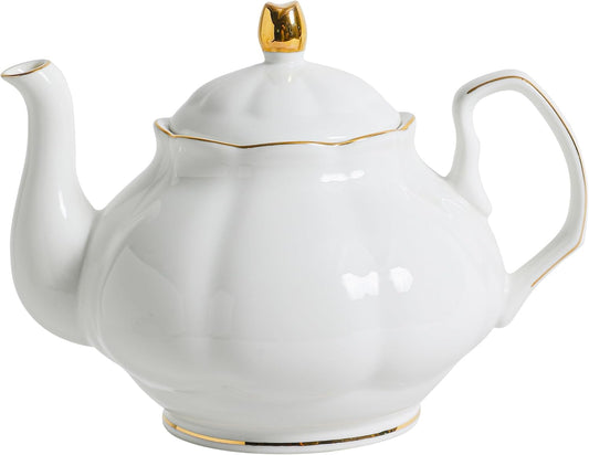 27oz White Porcelain Teapot with Gold Trim, Classic Ceramic Teapot for Loose Leaf Tea & Tea Bags, Elegant Small Teapots for