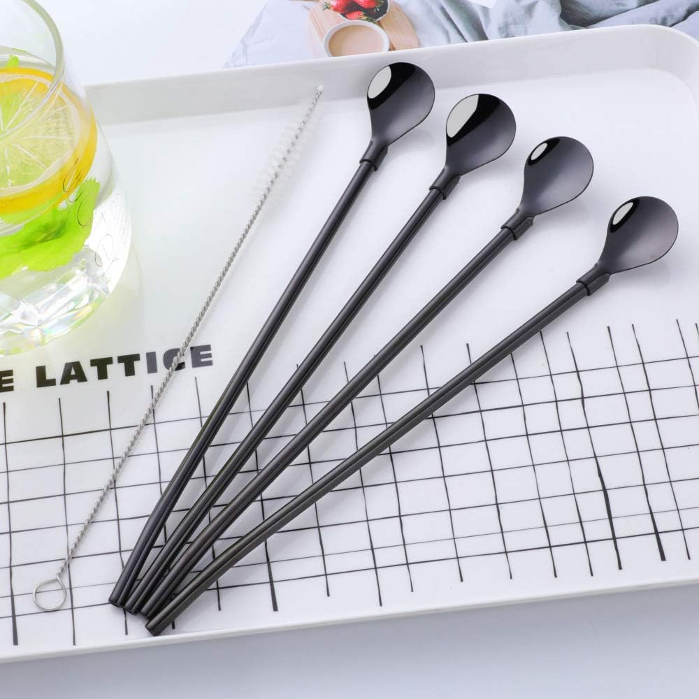 Straw Spoon, 8PCS 8.5inch 18/8(304) Stainless Steel Metal Straws Spoon Reusable Straws Spoon + 2 Brushes（Black）