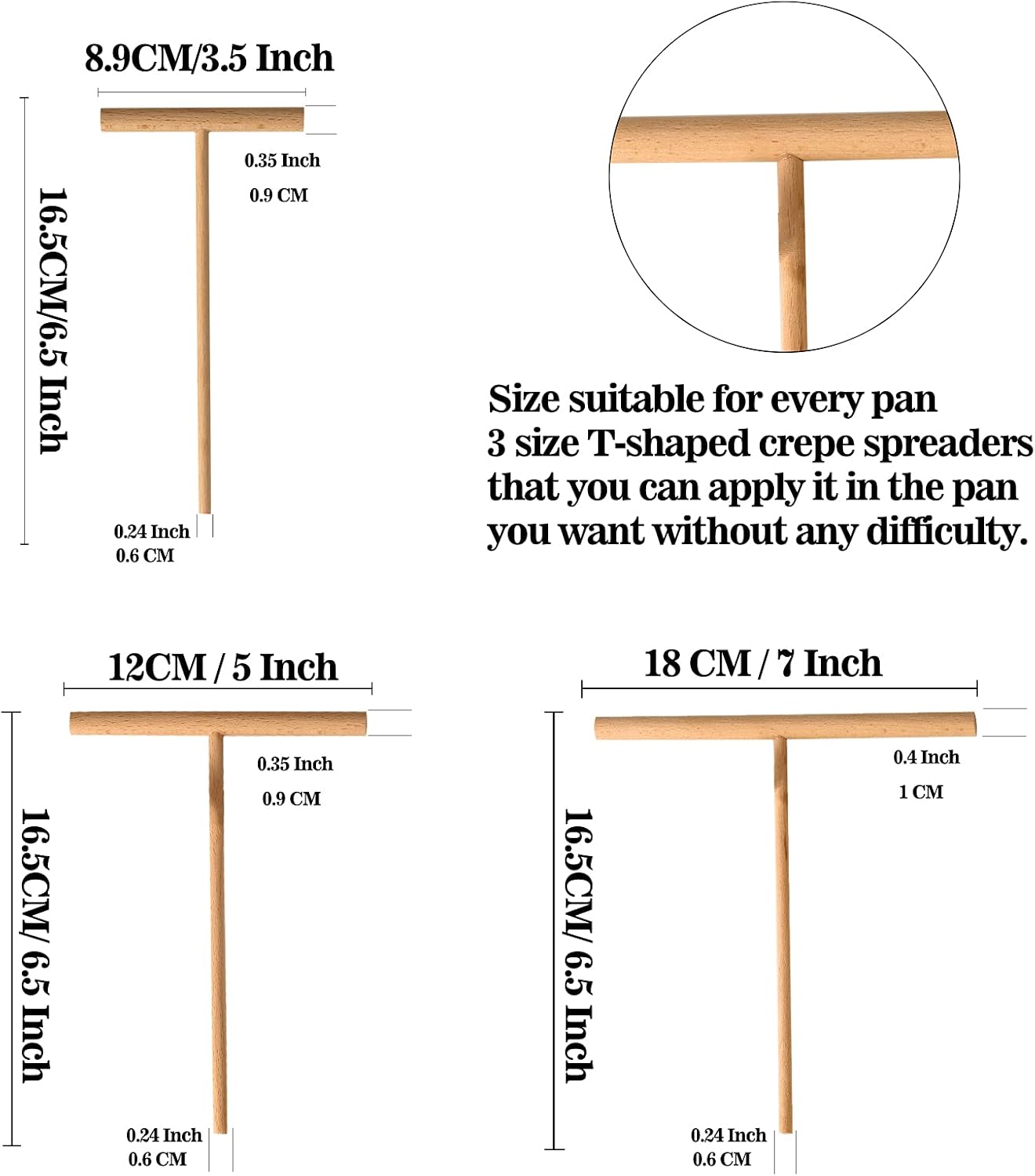 Crepe Spreader and Spatula Kit, Natural Wood Material Crepes Sticks | T-Shaped Batter Spreaders(3.5, 5, 7 Inch) &amp; Spatula Turner(13.4 Inch), Pancake Tool, Fit Any Crepe Pan Maker, Pack of 4