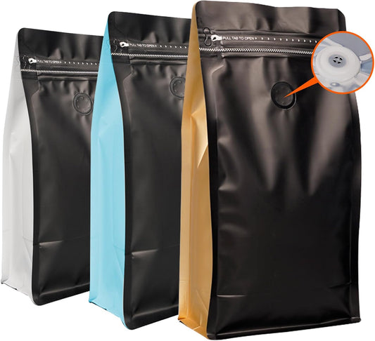 Coffee Bags with Valve (60 PCS,16oz/1lb) Black Side Color High Barrier Aluminum Foil Flat Bottom Standing Coffee Beans