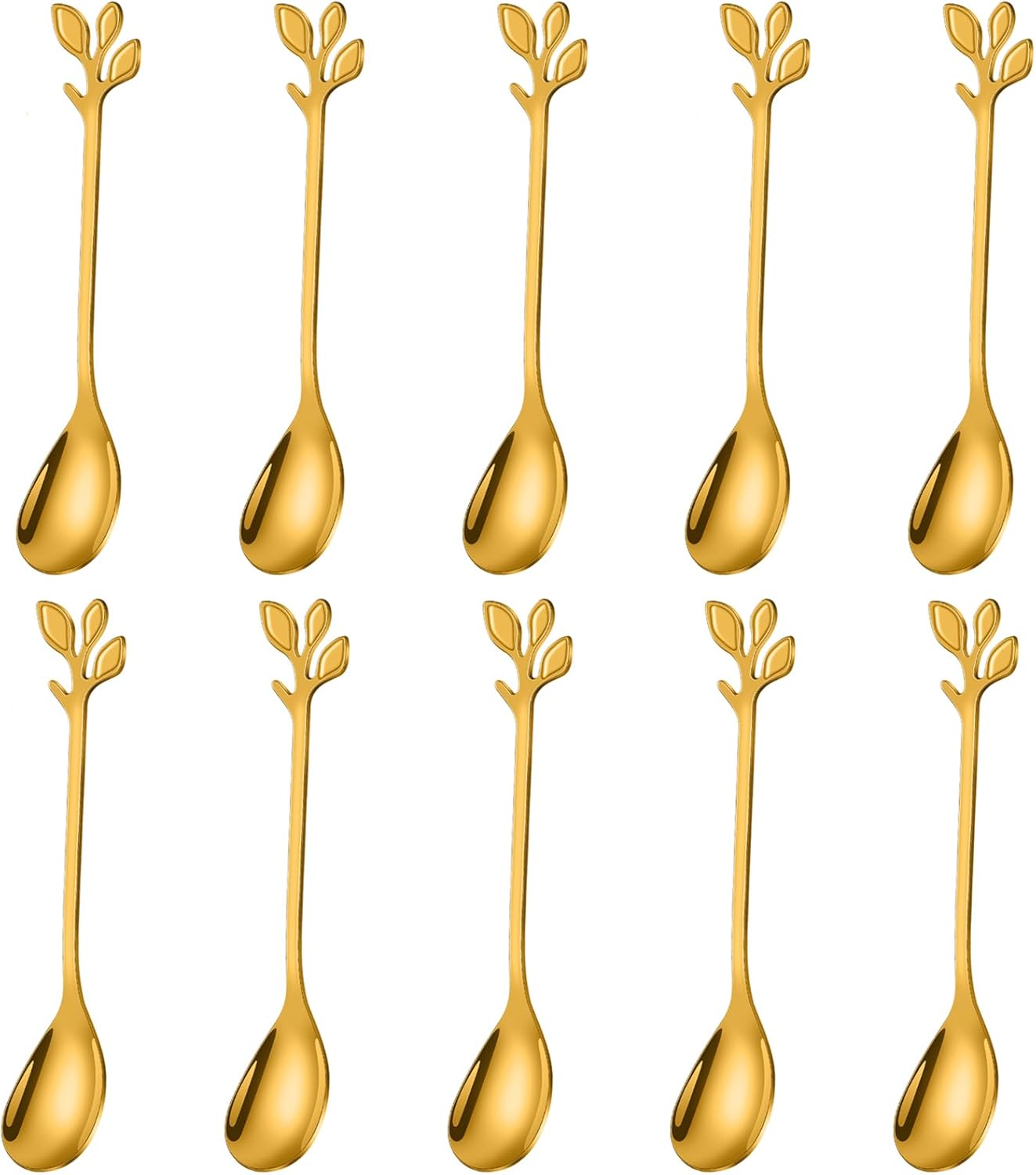 AnSaw Elegant Gold Leaf Coffee Spoons - 10-Piece, 4.7" Mini Stainless Steel Espresso & Dessert Tea S