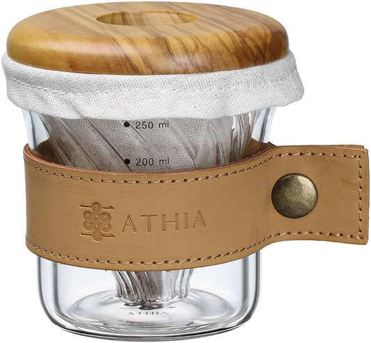 ATHIA glass pour over coffee maker set, minimalist drip coffee maker with reusable cloth filter, glass coffee dripper, olive