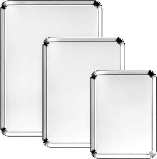 Ohtomber 3 Pack Heavy Duty Stainless Steel Baking Sheet Set, 9/12/16 Inch | Heavy Duty, Cookie Sheet Pans for Baking Roasting Oven Baking, Oven Safe, Sturdy Kitchen Bakeware Trays