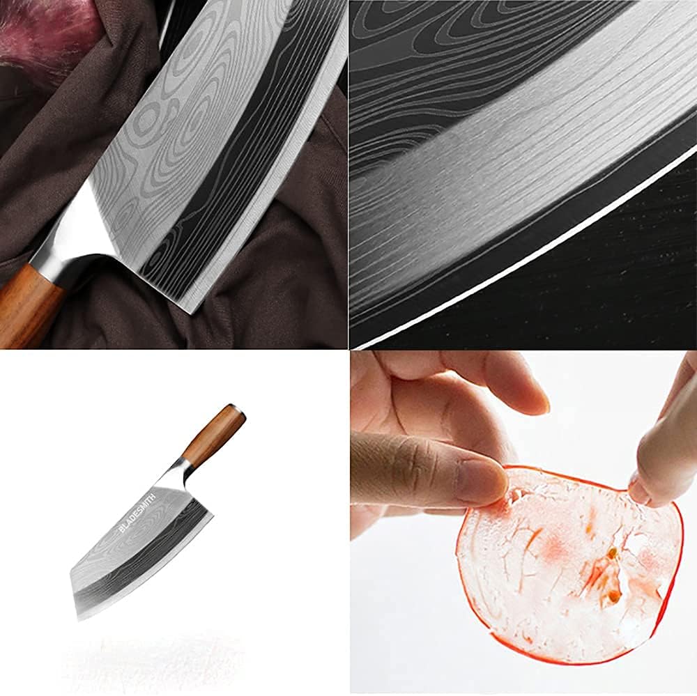 BLADESMITH Cleaver Knife for unfrozen meat and vegetable, 7" Chinese Chef's Kitchen slicer, Razor sharp HC German Stainless Steel blade with lasered damascus pattern, pearwood Handle