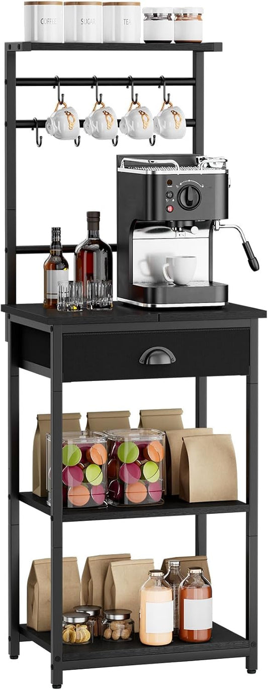 YMYNY 5 Tier Coffee Bar Station, Coffee Stand with Fabric Drawers, 8 S-Shaped Hooks, Corner Bar Cabinet, Height Adjustable,