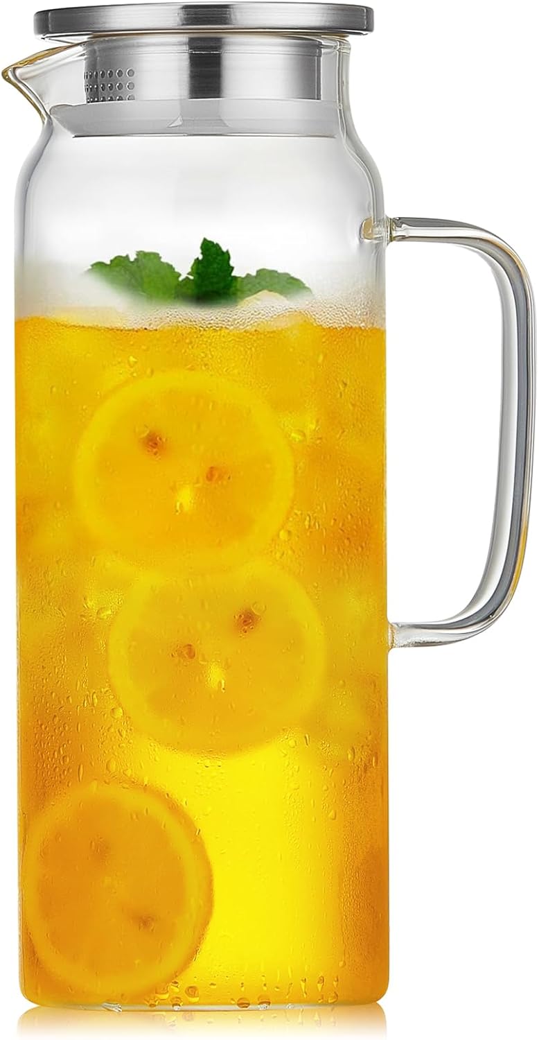 53OZ Glass Pitcher with Lid and Spout, Water Jug, 1580ml Carafe for Hot/Cold Water, Large Iced Tea P