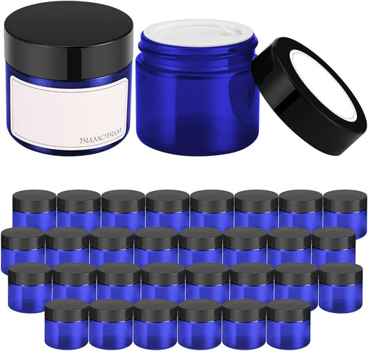 Bumobum 2 oz Glass Jars with Lids, 48 pack Blue Round Small Containers with Black Lids, Blank Labels & Inner Liners, Empty